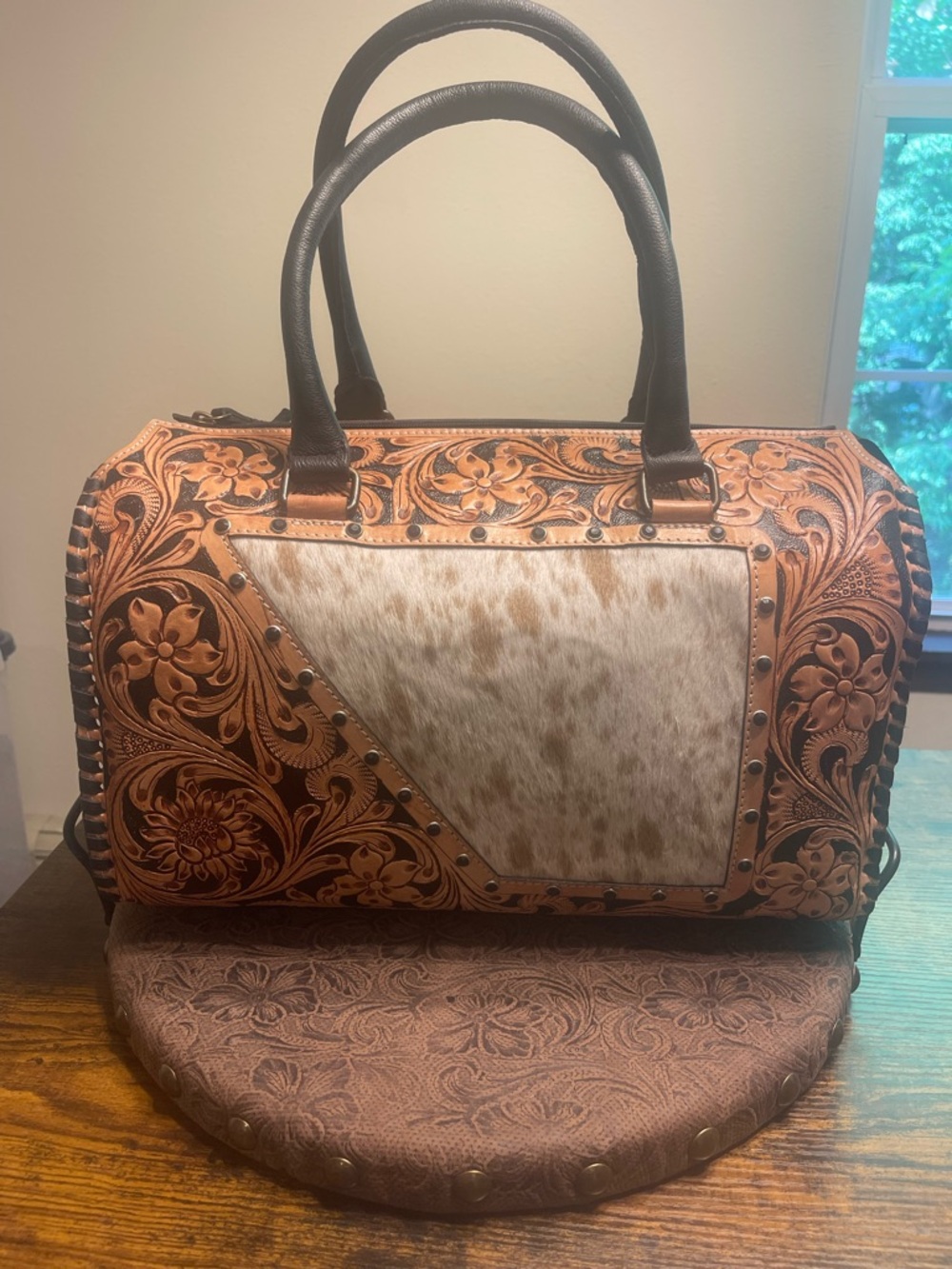 Tooled Leather Shoulder Bag with Hair-on-Hide Accent - Brown